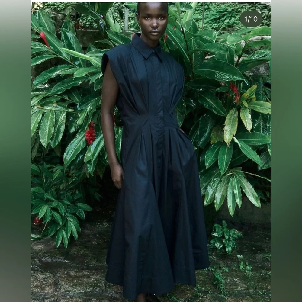 H&M Sleeveless Black Pleated Structured Midi Shirt Dress size M Medium - Picture 2 of 5